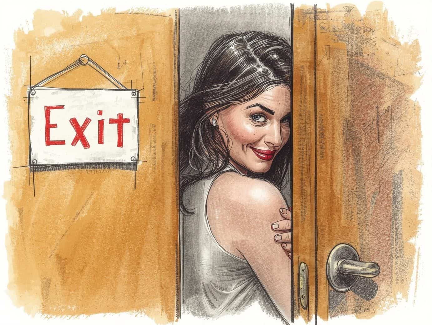 A smiling woman escaping through a door.