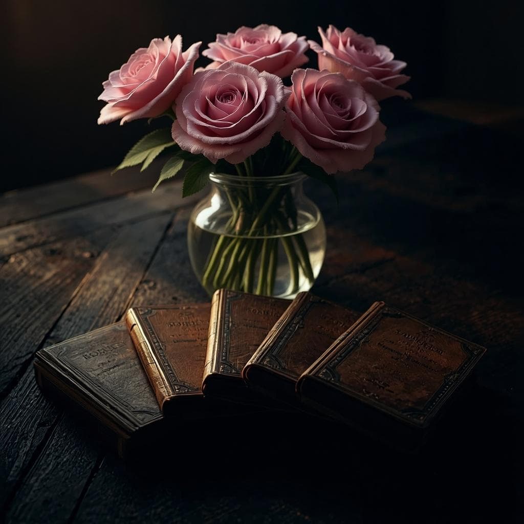 Five books fanned out on a table.