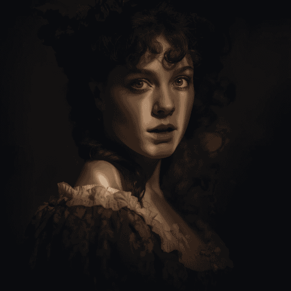 A regency-era woman standing in the shadows.
