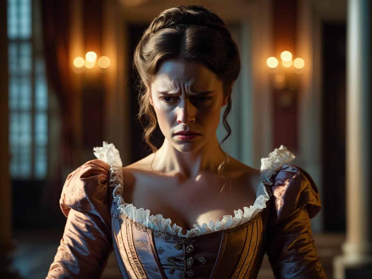 A woman in regency dress looking worried