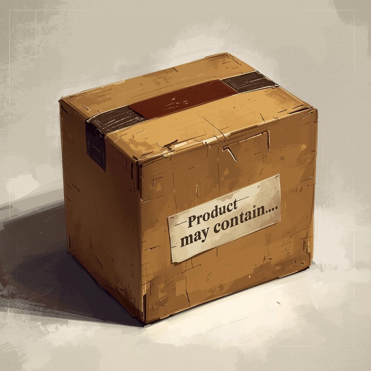 An illustration of a box with a label that reads 'Product may contain...'