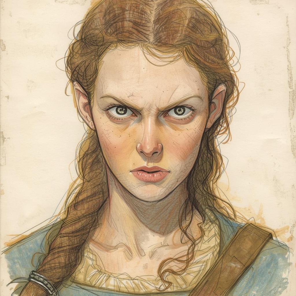 A sketch of a woman staring angrily at the screen.