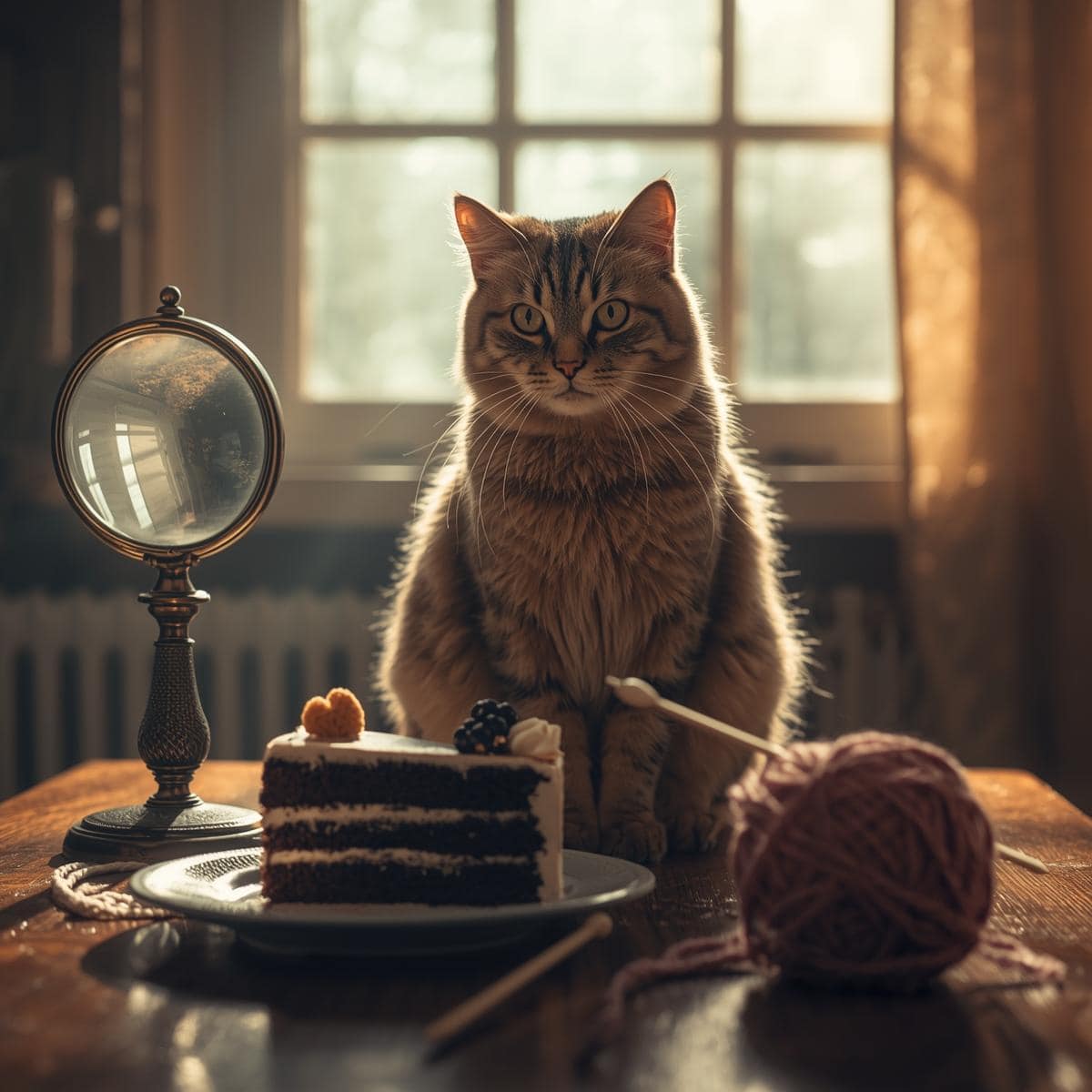 A cat sitting on a table next to a magnifying glass, a piece of cake and a ball of yarn and knitting needles.
