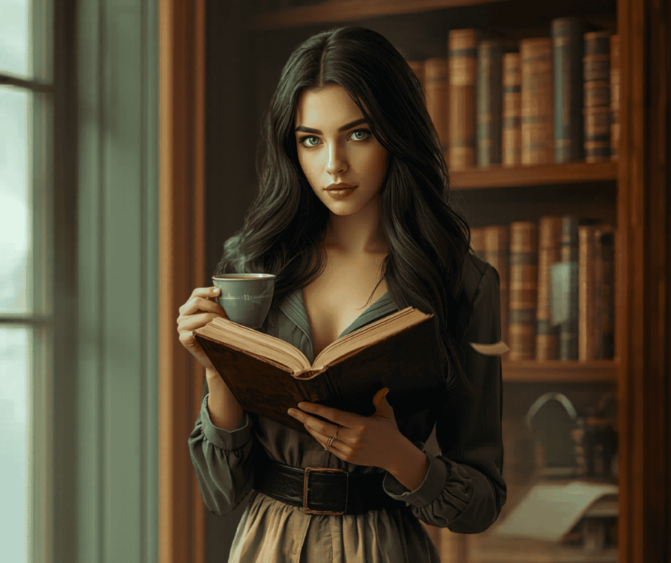 An intelligent female sleuth standing in a library.