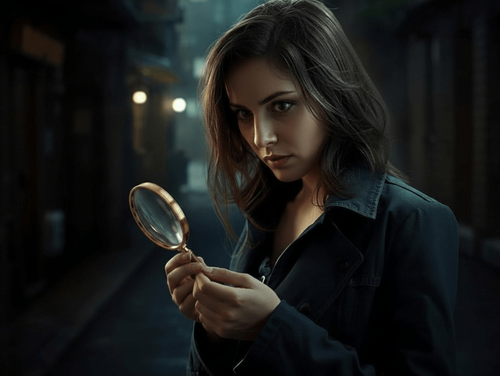 Amateur sleuth examining a clue.