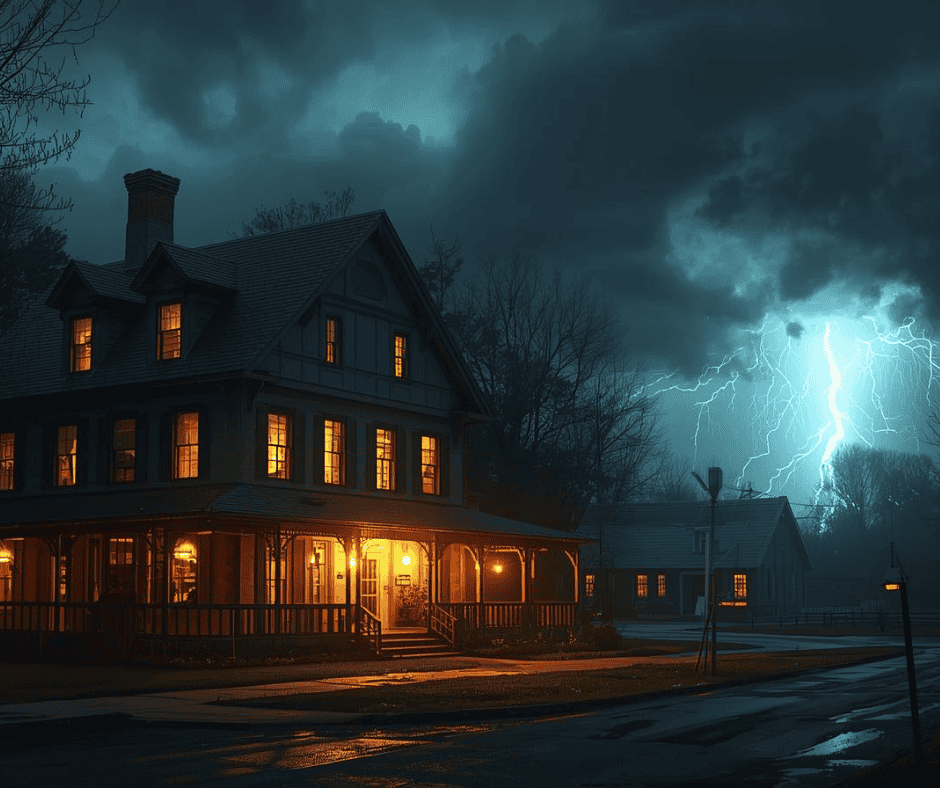 Stormy night around a warmly-lit house, creating atmospheric tension in a cozy mystery.