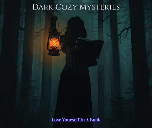 A woman carrying a lantern and book through a dark forest, showing the atmosphere of dark cozy mystery books.
