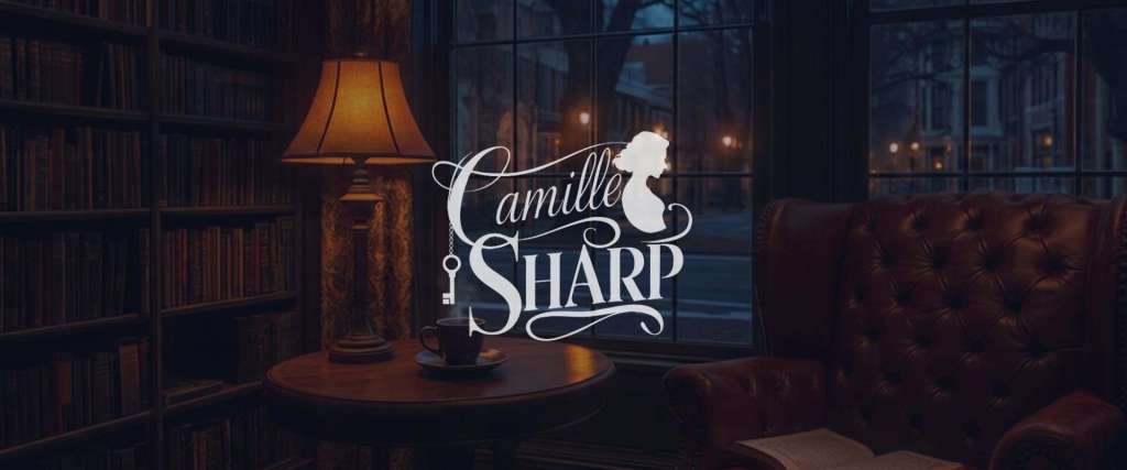 Dark cozy mystery author Camille Sharp's logo in front of a cozy reading nook inside a historic inn with books, a leather chair, a steaming mug of coffee, and a view of a charming small town at dusk.