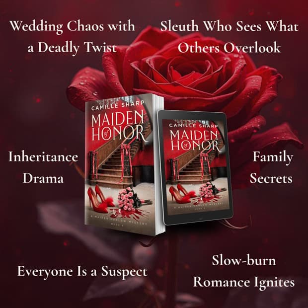 Trope graphic for Maiden of Honor by dark cozy mystery author Camille Sharp.