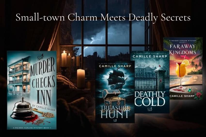 Dark cozy mystery books in front of a warm reading nook. There is a thunderstorm in the background.