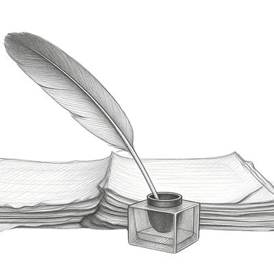 Sketch of a quill pen and a stack of pages.